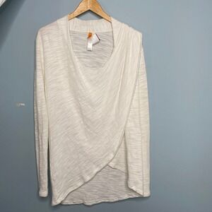 Lucy Womens Small White Draped Crossover Front Long‎ Sleeve Slub Knit Yoga Top